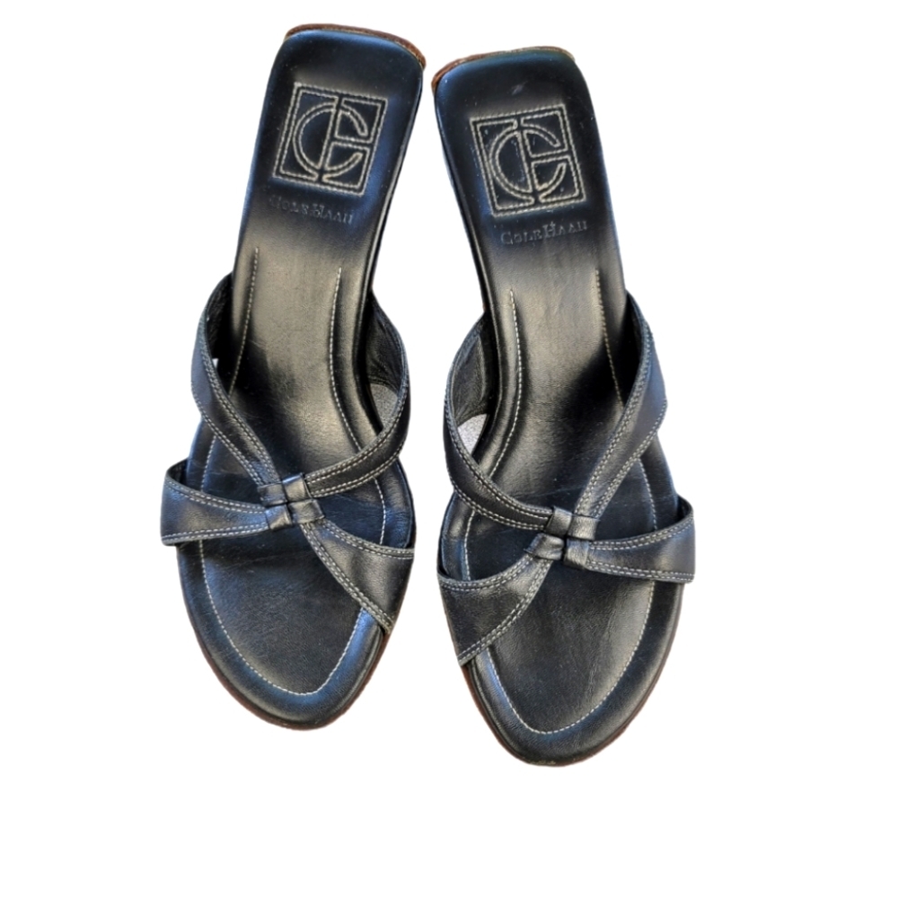 COLE HAAN Black Leather Top Stitch Criss Cross‎ Straps Wooden Wedge Sanda…